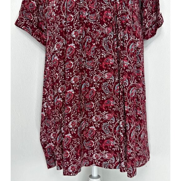 Garnet Hill Shirt Dress Women 10 Burgundy Paisley Knee Length 3/4 Sleeve Pockets - Picture 3 of 11